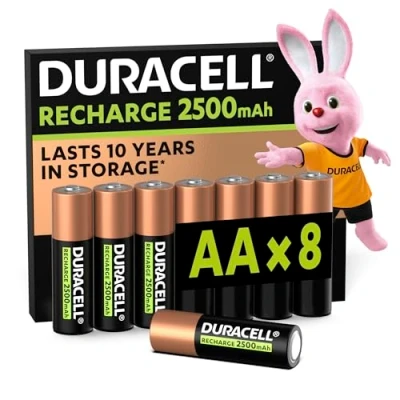 Immagine di batterie ricaricabili Duracell AA (Confezione da 8), Pile ricaricabili, 2500 mAh NiMH, pre caricate, le nostre n.1 per lunga durata
