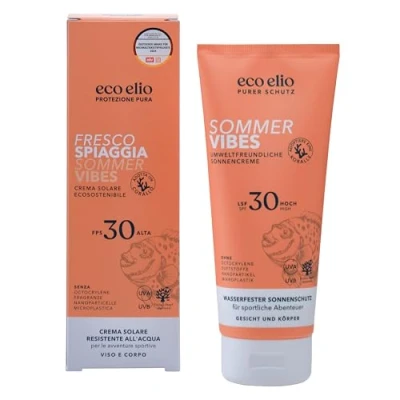 Immagine di eco elio protezione solare sostenibile SPF 30 200ml &quot;Fresco Spiaggia&quot; I crema waterproof senza octocrylene e microplastiche profumo cocco viso