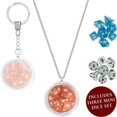 Immagine di DND Set Dadi Ciondolo/Portachiavi Inclusi 3 Mini Poliedrici Regalo Perfetto Accessori RPG/GDR/Dungeons &amp; Dragons (D&amp;D). Rosso, Blu e Trasparente con come D20, D12, D10, D8, D6
