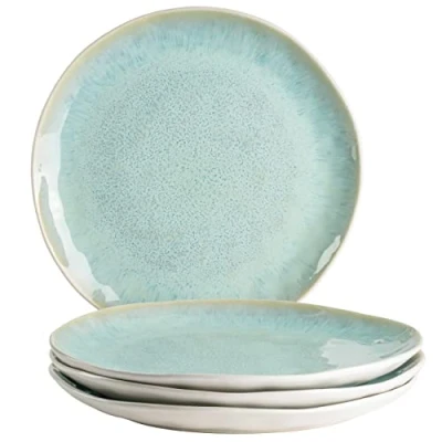 Immagine di MÄSER Frozen, set di 4 piatti piani moderni con smalto maculato e forme organiche, grandi in ceramica dal look vintage emozionante, gres, bianco