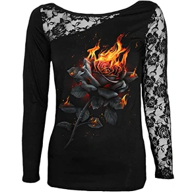 Immagine di Spiral Flaming Rose Donna Maglia Maniche Lunghe Nero S 95% Viscosa, 5% elasthane Slim Fit