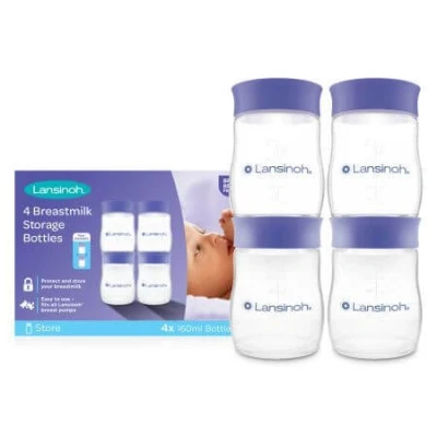 Immagine di Lansinoh Bottiglie per latte materno 4 x 160 ml impilabili, senza BPA, a prova di perdite, l&#039;allattamento al seno, frigorifero e congelatore, riutilizzabili, contenitori alimenti