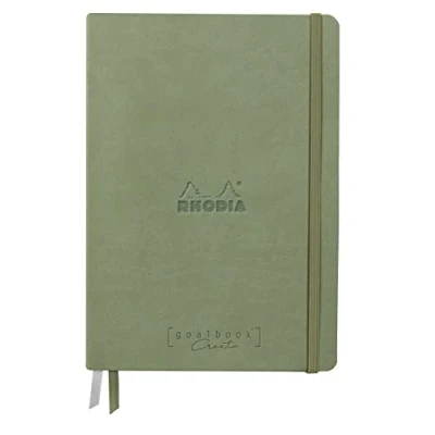 Immagine di RHODIA 194156C Carnet Rigide Bullet Journal Goalbook Creation Céladon A5 15,5x21x2 cm 100 pages Papier Clairefontaine Lavis Technique Blanc Uni 200 g/m 2 Rubans Couverture Simili Cuir