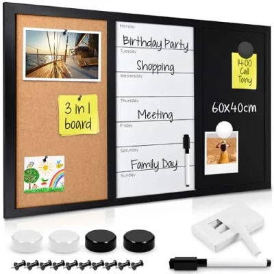 Immagine di Navaris Lavagnetta Magnetica in Ardesia Sughero Combo Lavagna 3in1 per Pennarello Gessetti e Puntine Memo Board 60x40cm con Gessi Magneti Spilli