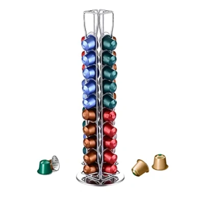 Immagine di YGJT Porta Capsule Per Nespresso, Cialde Nespresso 40 Pezzi Caffè Capsule，Portacapsule Girevoli a 360 Gradi Acciaio Inossidabile, Ufficio &amp; Cucina 11.5x11.5x39cm (Argento Cromato)