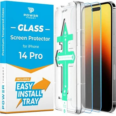 Immagine di Power Theory Pellicola protettiva per iPhone 14 Pro in vetro temperato infrangibile di alta qualità [durezza 9H], cornice facile da installare, trasparente HD al 99,99%, senza bolle, compatibile con
