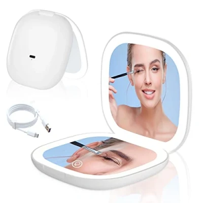 Immagine di Aicharynic specchio tascabile a LED con ingrandimento 1X/10X, cosmetico ingranditore luce viaggio regolabile e 2 lati pieghevole regalo per ragazze