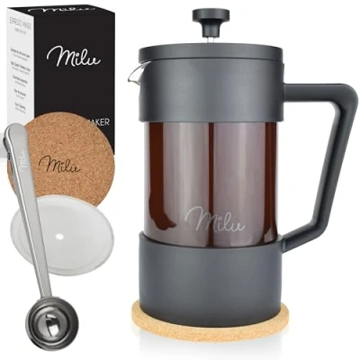 Immagine di Milu Caffettiera francese Pressa per Caffè 350ml 600ml 1L Vetro French Press stantuffo (Nero, (2 tazze)