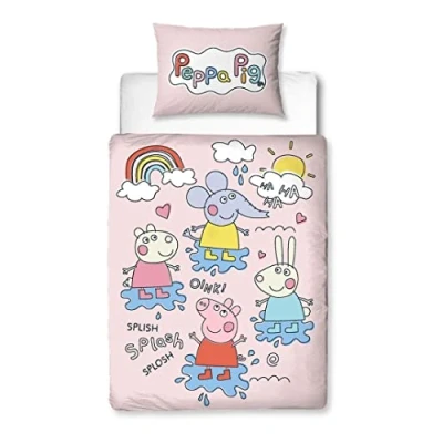 Immagine di Character World Peppa Pig Set copripiumino ufficiale per lettino e lettino, design giocoso reversibile a 2 lati, con federa coordinata, in policotone