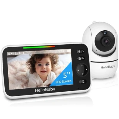 Immagine di HelloBaby baby Monitor, display da 5&#039;&#039; con batteria 30 ore, monitor video pan tilt zoom fotocamera e audio, visione notturna, conversazione a 2 vie, temperatura, 8 ninne nanne 300m