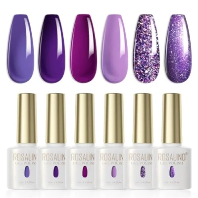 Immagine di ROSALIND Smalto Semipermante per Unghie Viola,6 Colori Lilla Scuro Viola Uva Chiaro Glitter Soak Off UV Novice Nail Art DIY