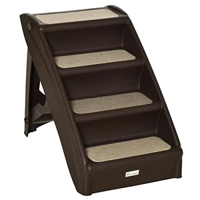 Immagine di PawHut Scaletta per Cani Pieghevole con 4 Gradini Antiscivolo, Scala Animali Domestici fino 10 kg in PP, 62x38x49.5cm, Marrone Scuro