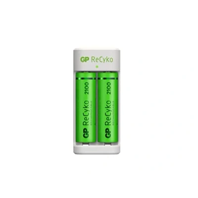 Immagine di Caricabatterie a 2 Slot per Pile Ricaricabili AA e AAA NiMH GP RECYKO Include Batterie Caricatore USB