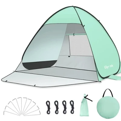 Immagine di Glymnis Tenda da Spiaggia Completamente Chiuso Pop up con Cerniera Istantanea Portatile per 2 4 Persone, Protezione Solare UPF 50+, Include Borsa (Menta verde, M)