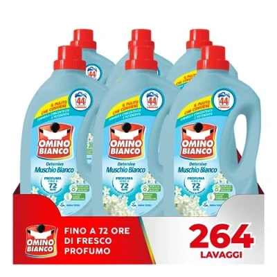 Immagine di Omino Bianco Detersivo Lavatrice Liquido, 264 Lavaggi, Rispetta Colori e Tessuti, Fresco Profumo con Essenza di Muschio Bianco, 1760 ml x 6 Confezioni