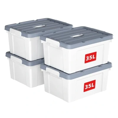 Immagine di Cetomo Scatola portaoggetti in plastica 35L* 4, contenitore per organizzare con coperchio durevole e fibbie di chiusura sicura, impilabile annidabile, 4 pezzi, bianco