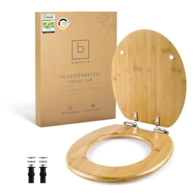 Immagine di Benkstein® Sedile WC in bambù di alta qualità con abbassamento automatico, funzione Quick Release coperchio legno, robusto, antibatterico, sostenibile,