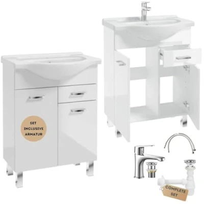 Immagine di Deftrans lavabo con mobiletto in piedi, set di mobili da bagno, 85 x 65 30 cm, bianco lucido, e rubinetto spina a clic, mobile bagno
