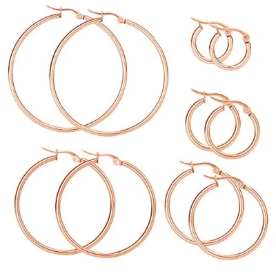 Immagine di Mannli Set di orecchini in Acciaio inossidabile ipoallergenici, per donne e ragazze, color oro, oro rosa inossidabile, colore: 03.rose Gold, cod. HoopEarrings03