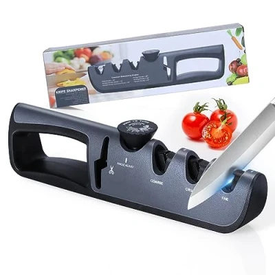 Immagine di Alyvisun Affilacoltelli Professionale, Manuale 4 in 1 Affilacoltelli, Manico Ergonomico e Base Antiscivolo, per Affilare Coltelli da Cucina, Forbici ect (Nero)