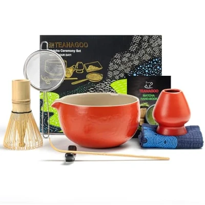 Immagine di TEANAGOO Set da tè giapponese (7 pezzi) di fruste per matcha Ciotola con beccuccio Frustino in bambù (chasen) Paletta (chashaku) Porta N19, Rosso