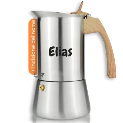 Immagine di Milu Caffettiera Induzione con incisione 2, 4, 6, 9 tazze Espresso in Acciaio Inox, Adatta all&#039;Induzione, Set comprendente sottobicchiere, cucchiaio (Aspetto legno, (450 ml)