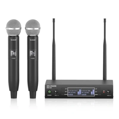 Immagine di Microfono Wireless a doppio canale, MELONARE Auto Scan Professional Cordless Dynamic Mic Set, 328 ft Range, 2x100 UHF Metal per cantare, karaoke, chiesa, matrimonio, DJ (MWU 20 2H)