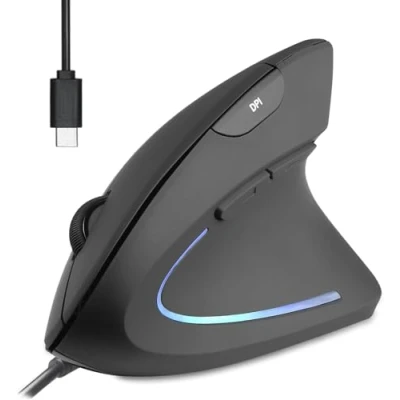 Immagine di Perixx PERIMICE 513C Mouse Verticale Cablate USB C, 6 Tasti, 1000/1600 DPI, Design per Destrimani, Cavo Tipo C 1,8m, Nero