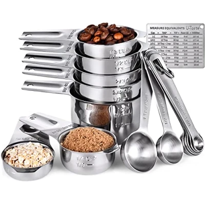 Immagine di Set di Misurini e Cucchiai: U Taste 15 Cucchiai Dosatori in Acciaio Inossidabile 18/8 per Cucina, 7 Tazze 1 Tabella Conversione della Misurazione Magnetica (Argento)