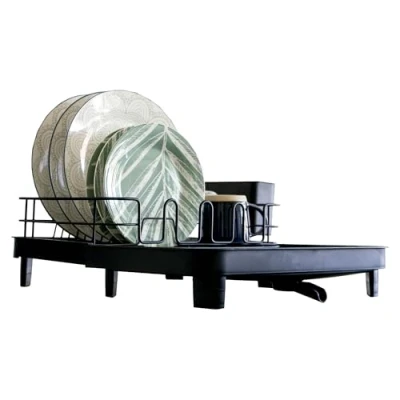 Immagine di Amig Scolapiatti Estensibile Vika 41 x (31 52) 16 cm Acciaio e Plastica Colore Nero con Vassoio di Sgocciolamento Tappo Scarico Capacità per 10 Piatti 6 Bicchieri