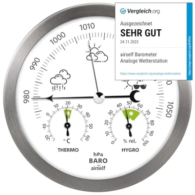 Immagine di Stazione meteorologica analogica in acciaio inox con barometro, termometro e igrometro da interni ed esterni