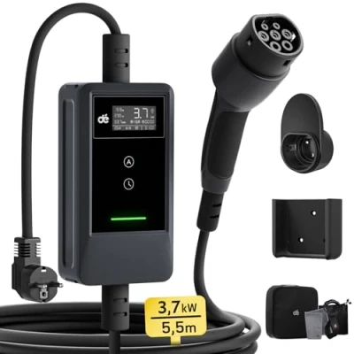 Immagine di dé Cavo Ricarica Auto Elettrica Tipo 2 Schuko 3,7kW 5,5m [0,85m+4,65m, 6A 16A] Colonnina con Supporto, LCD Controllo Digitale Compatibile Model Y, e208 e Altri EV/PHEV