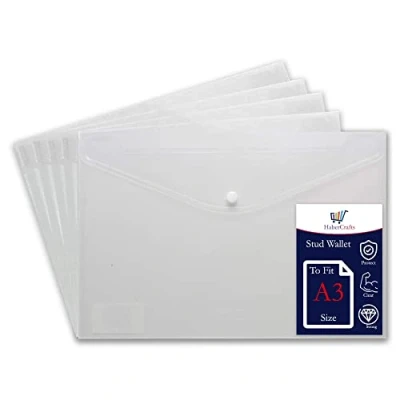 Immagine di Buste trasparenti in plastica formato A3, con bottone a pressione, per documenti scolastici, chiusura bottone, da ufficio, 5 fogli