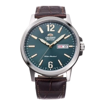Immagine di Orient Contemporary Conmuter Orologio Uomo Automatico a Carica Manuale Casual Cinturino In Pelle Marrone Cassa Acciaio Quadrante Verde RA AA0C06E39B AA0C06E