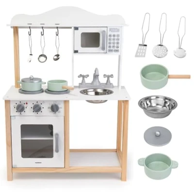 Immagine di Cucina in Legno Mamabrum per Bambini 3+ Giocattolo Interattiva con Forno a Microonde, Lavello e Accessori Inclusi Design Robusto Colorato
