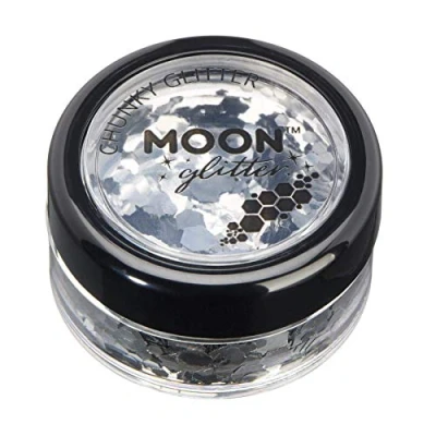 Immagine di Glitter a pezzetti classico della Moon 100% Cosmetico per viso, corpo, unghie, capelli e labbra 3gr Argento