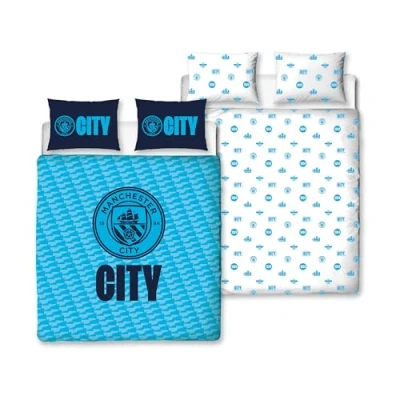Immagine di MANCHESTER CITY FC Character World Set copripiumino matrimoniale ufficiale Crestcol Design di biancheria da letto reversibile blu su 2 lati, prodotto con federe coordinate