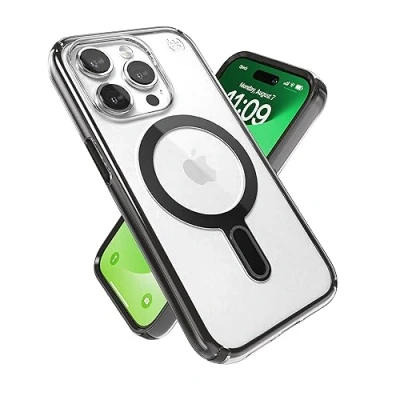 Immagine di Speck custodia trasparente per iPhone 15 Pro, con blocco antiscivolo ClickLock, costruita MagSafe, protezione dalle cadute, antigraffio, anti ingiallimento, telefono da 6,1 pollici,