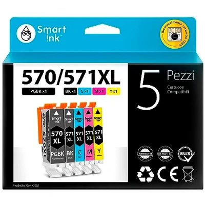 Immagine di Smart Ink Cartucce Compatibili per Canon PGI 570 XL 570XL CLI 571 571XL (PGBK &amp; BK/C/M/Y 5 Pack Combo) la ricarica delle Pixma MG5750 MG6850 TS5050 TS6050 MG6851