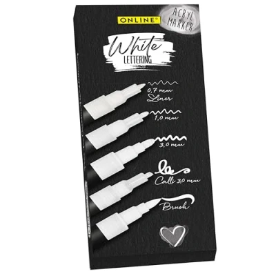 Immagine di Online Set di 5 penne per lettering a mano, colore bianco, con penna, fineliner, penna calligrafia e pennarelli, pennarelli in acrilico bullet journal, progetti fai da te