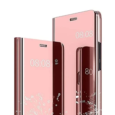 Immagine di WOBURN Clear Smart View Cover per Samsung Galaxy A34 5G, Standing Mirror Flip Folio Custodia Protettiva Bumper, Luxury Specchio Libro Case con Supporto Pieghevole. Oro Rosa