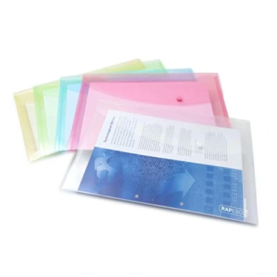 Immagine di Rapesco 0696 Buste Portadocumenti con Bottone, A4+, Colori Pastello Trasparenti Assortiti, Confezione da 5