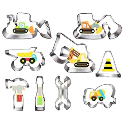 Immagine di Set di 9 formine per biscotti da costruzione, escavatore, bulldozer, camion con cassone ribaltabile, martello e chiave strumenti la stampi bambini, scavatore