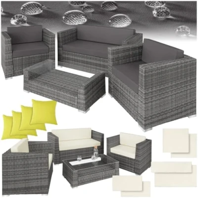 Immagine di TecTake® Set di Mobili da Esterno in Rattan, 1 Divano, 2 Poltrone, Tavolino Salotto con Lastra Vetro, Rivestimenti per Cuscini, 4 Cuscini Extra Inclusi Grigio