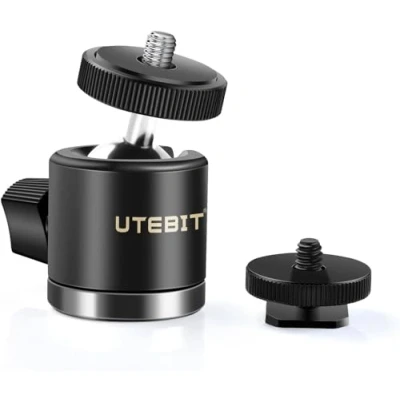 Immagine di UTEBIT Mini Testa Sfera per Treppiede Fotocamera a 360 Gradi, Ball Head con Hot Shoe 1/4 Mount Anello Girevole e 1/4&quot; Filettatura di Vite（Massimo: 2 kg） Monopiede Videocamera