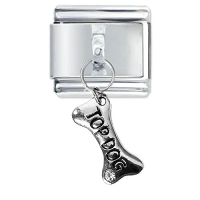 Immagine di Quiges Modulo Charm Link in stile italiano da 9 mm acciaio inox Ciondolo con osso di cane e zirconi per bracciali Italian Links
