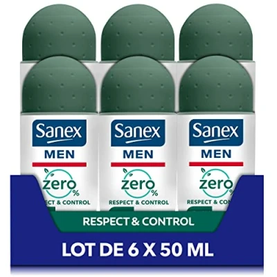 Immagine di SANEX Deodorante a sfera 0% Men Respect &amp; Control da uomo Efficienza 24 ore senza alcool, sali di alluminio Confezione 6 Roll On 50 ml
