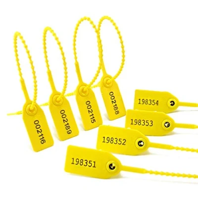 Immagine di Pull Tite Guarnizione in plastica sicura anti manomissione per etichette numerate a strappo estintore, bagagli, kit di pronto soccorso, 250 mm (100 pezzi x giallo)