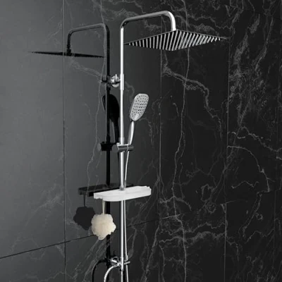 Immagine di Görbach Colonna Doccia idromassaggio Acciaio Inox Senza Miscelatore Fori Muro Regolabili Cromo Asta Set a Pioggia Con Doccetta,Porta Ogetti Mensola e Soffione 30 * cm