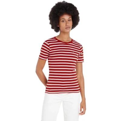 Immagine di Tommy Hilfiger Donna T Shirt Maniche Corte New Slim Cody Scollo Rotondo, Multicolore (Breton STP/Dark Magma/Ecru), XXL